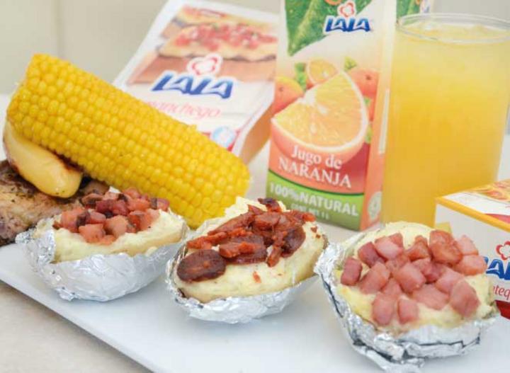 Papas rellenas de jamón, tocino y chorizo