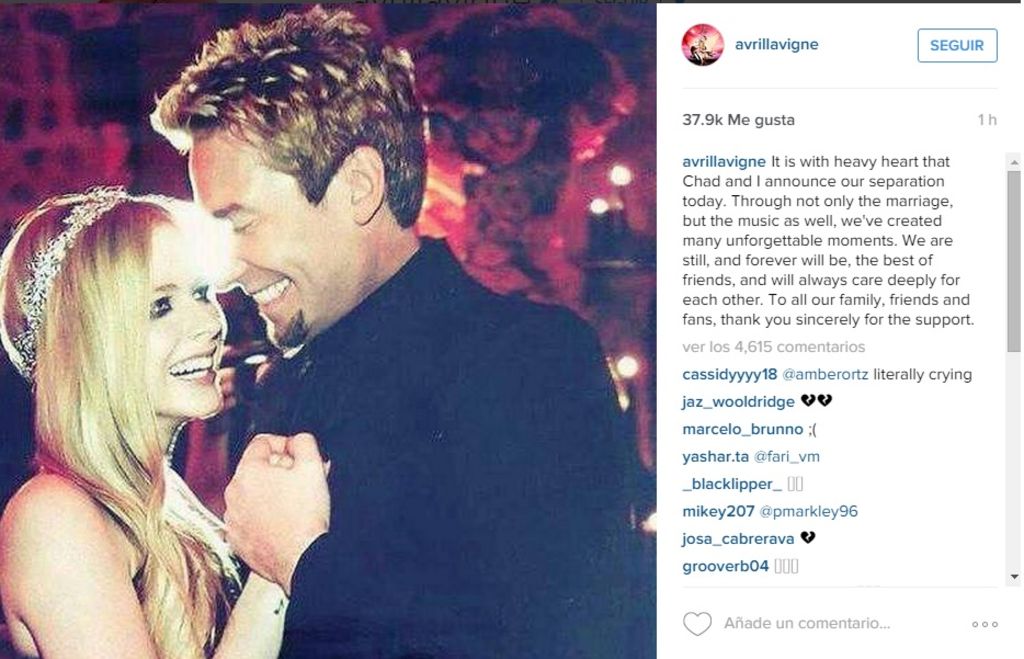 Avril Lavigne anuncia su separación