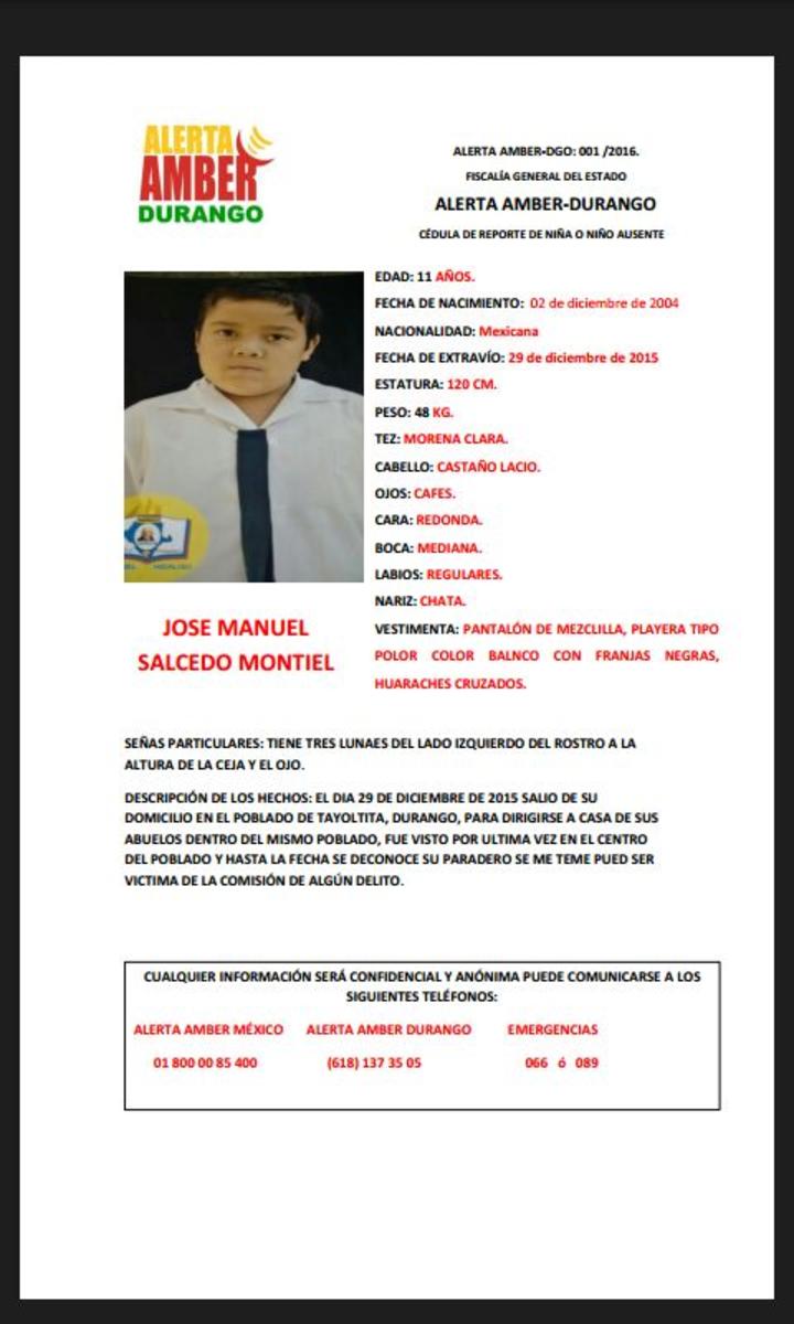 Activan Alerta Amber por menor desaparecido en Tayoltita