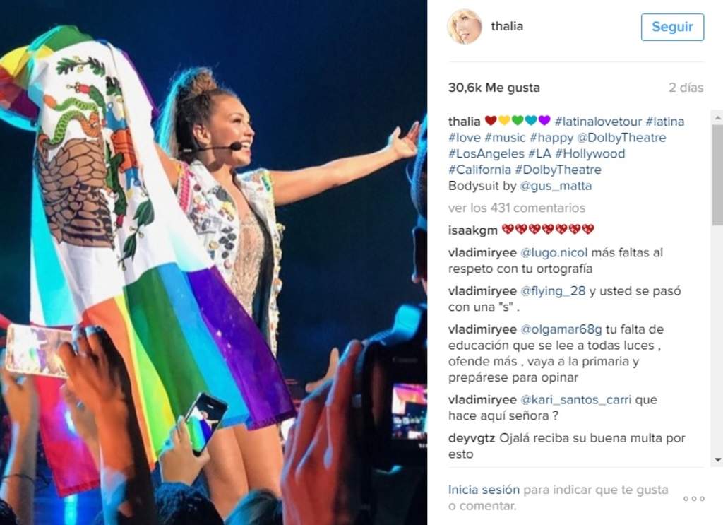Le llueven críticas a Thalía por bandera 'gay' de México