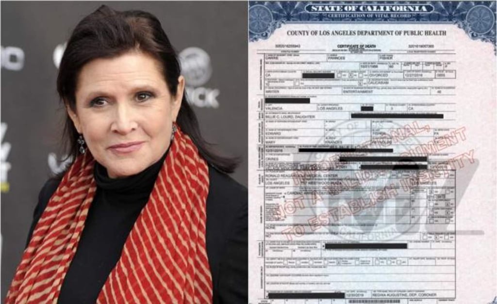 Revelan certificado de defunción de Carrie