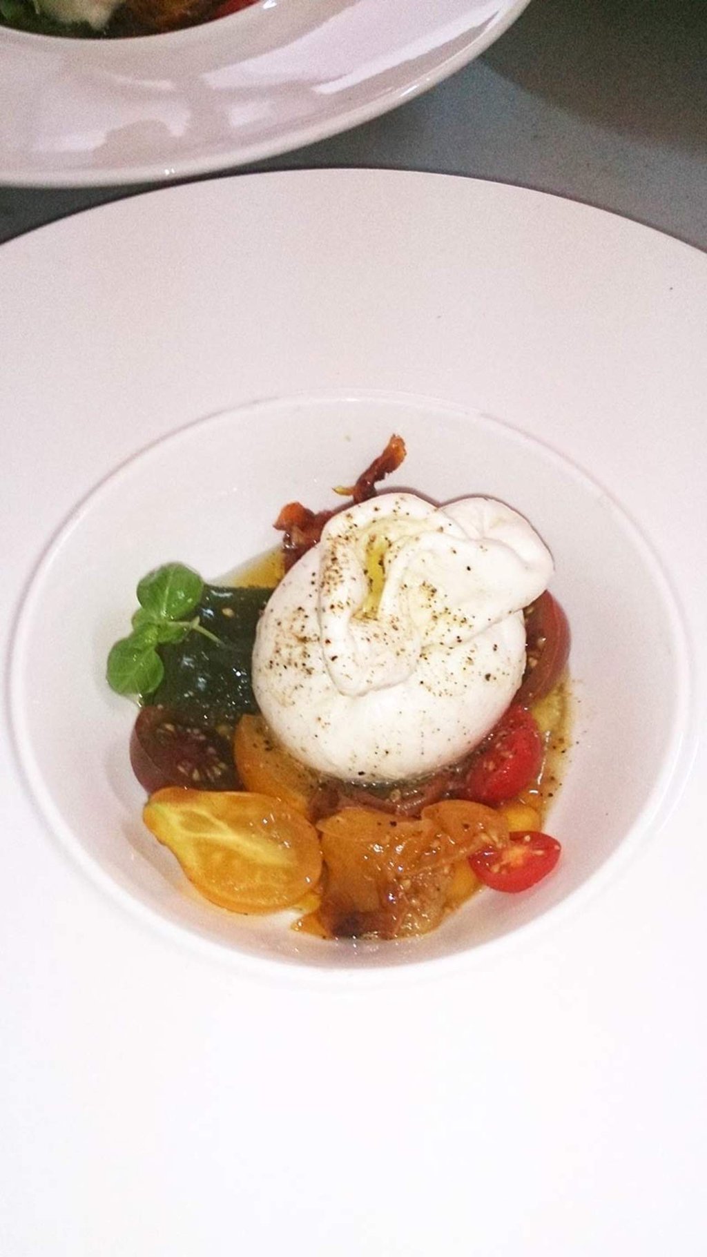 Burrata con mix de cherrys y aceite de albahaca