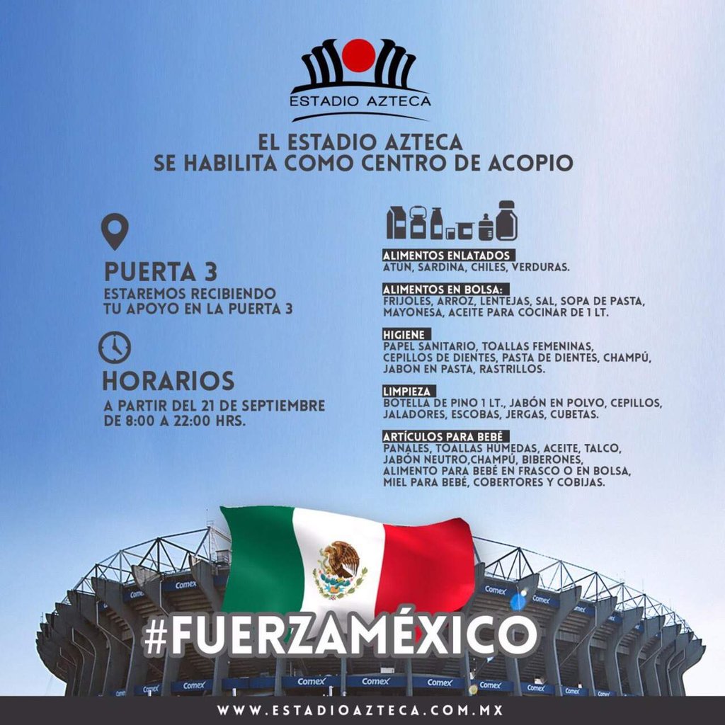 Estadio Azteca recibe viveres para damnificados en zona sur