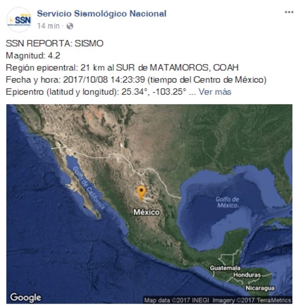 Registra SSN sismo de 4.2 en Matamoros, Coahuila