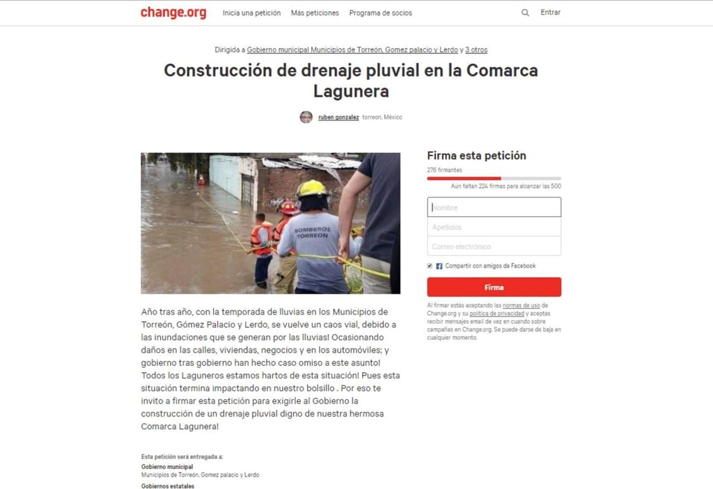 Piden construcción de drenaje pluvial a través de Change.org