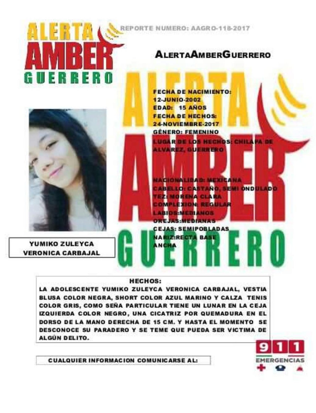 Yumiko Zuleyca, desaparecida en Chilapa, tiene 15 años