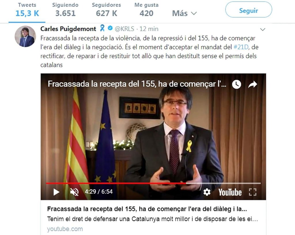 Pide Puigdemont a Rajoy negociar con él tras elecciones catalanas