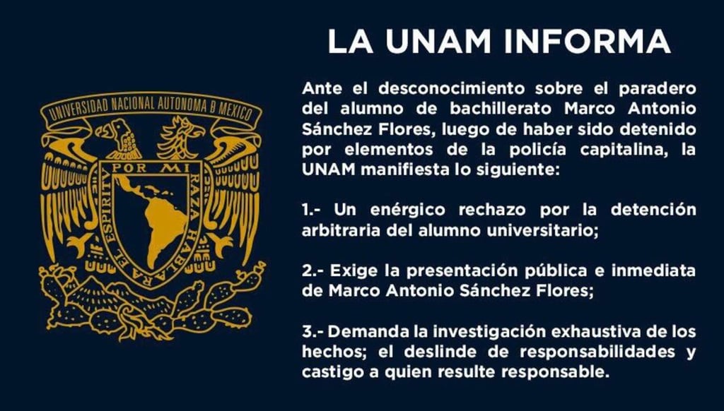 Exige UNAM presentación pública e inmediata de estudiante detenido
