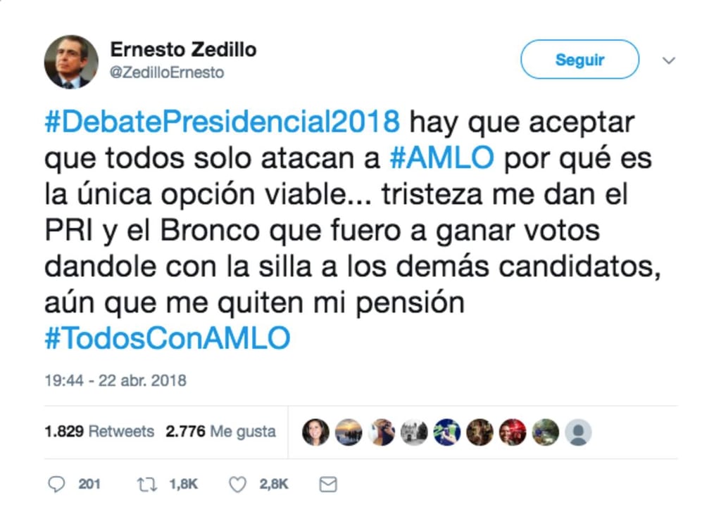¿Zedillo apoyando a López Obrador? Una cuenta falsa en Twitter engaña a algunos usuarios