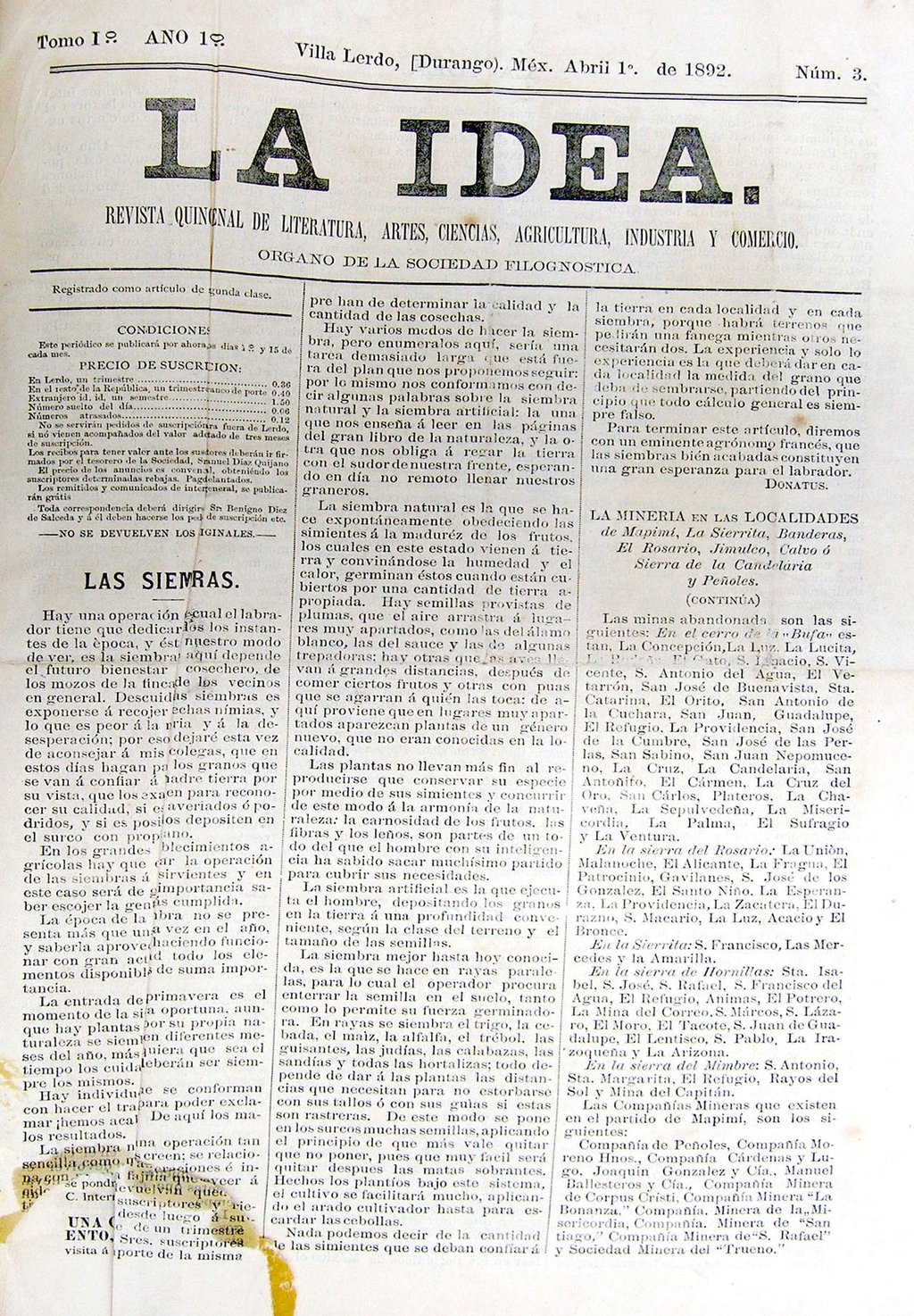 La Idea, el periódico de Agustín de Escudero en la Villa de Lerdo y los primeros años de Torreón