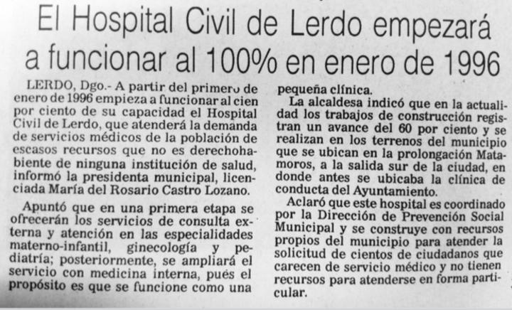 Hospital Civil de Lerdo funcionará en enero de 1996