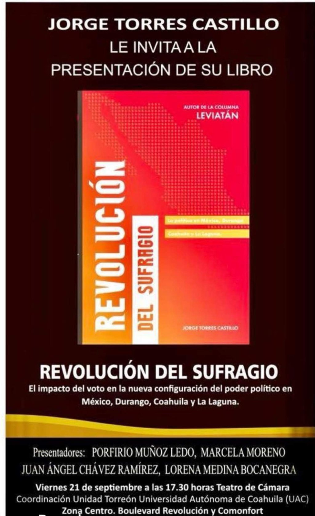 Presentarán libro 'Revolución del Sufragio' de Jorge Torres Castillo