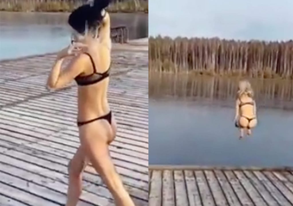 Chica en bikini se lanza a lago sin saber que estaba congelado