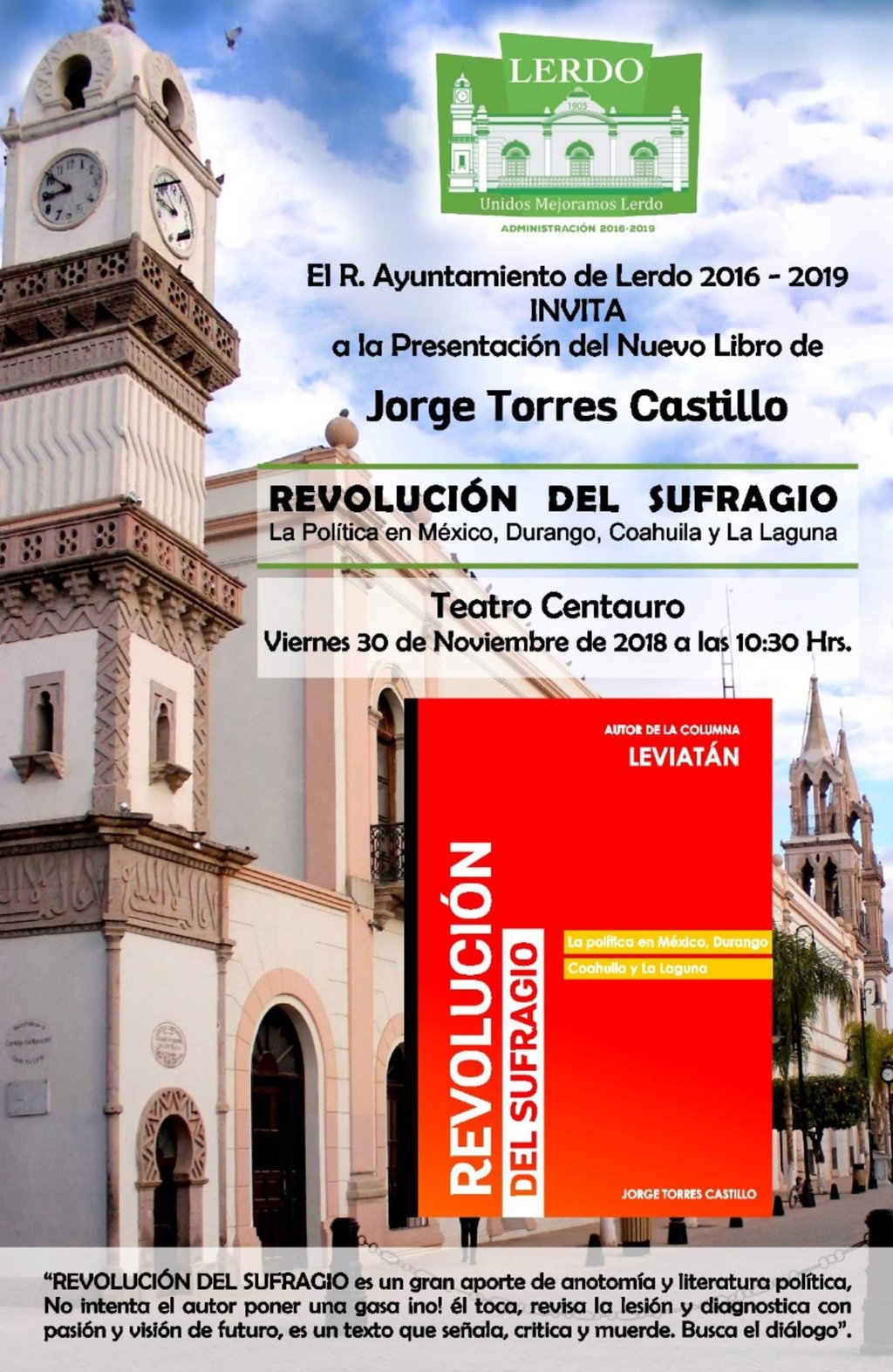 Jorge Torres Castillo presentará libro en Lerdo el viernes