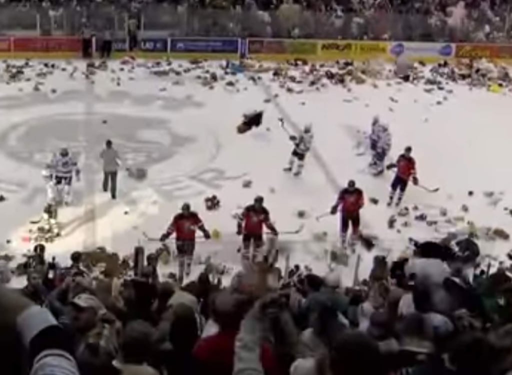 Invasión de peluches a una pista de hockey