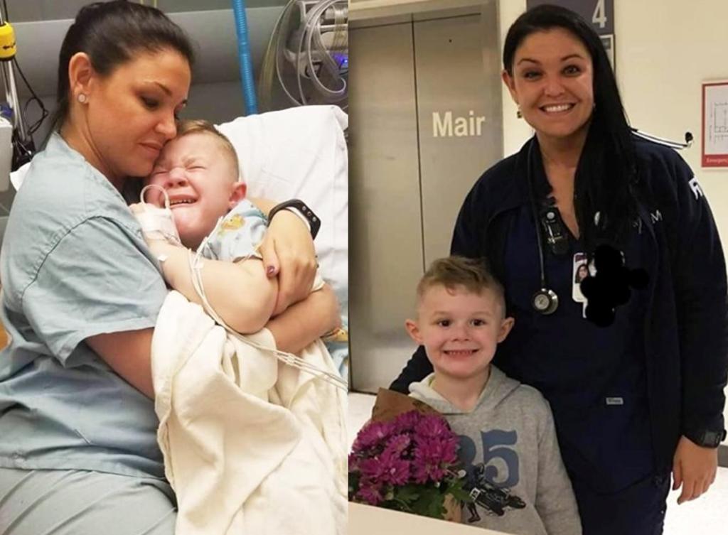 Enfermera reconforta a un niño que acababa de despertar de cirugía