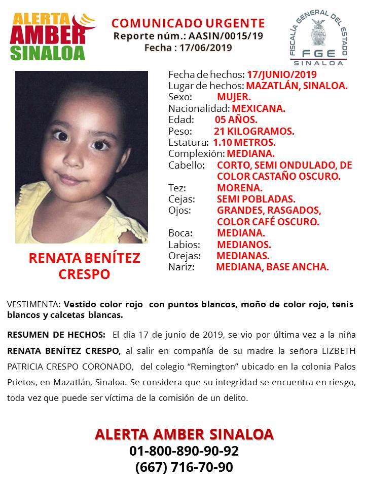 Activan Alerta Amber por desaparición de menor en Mazatlán
