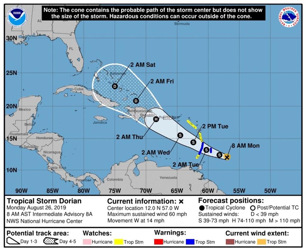 Tormenta tropical Dorian se fortalece mientras se dirige al Caribe