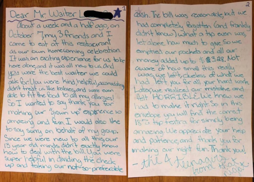 Estudiantes se disculpan por dejar poca propina a mesero