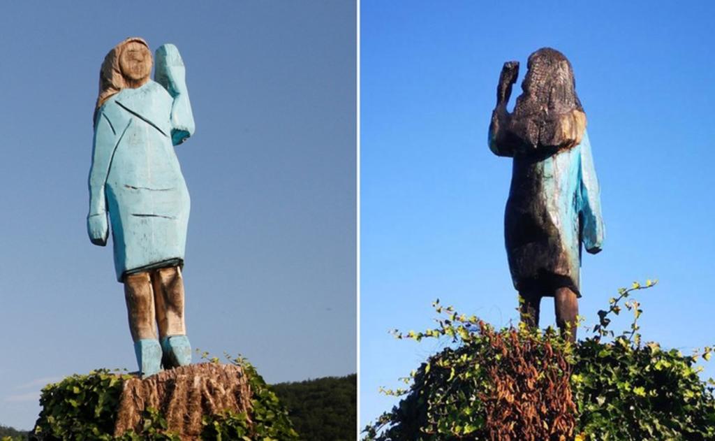Queman estatua de Melania Trump en su pueblo natal de Eslovenia