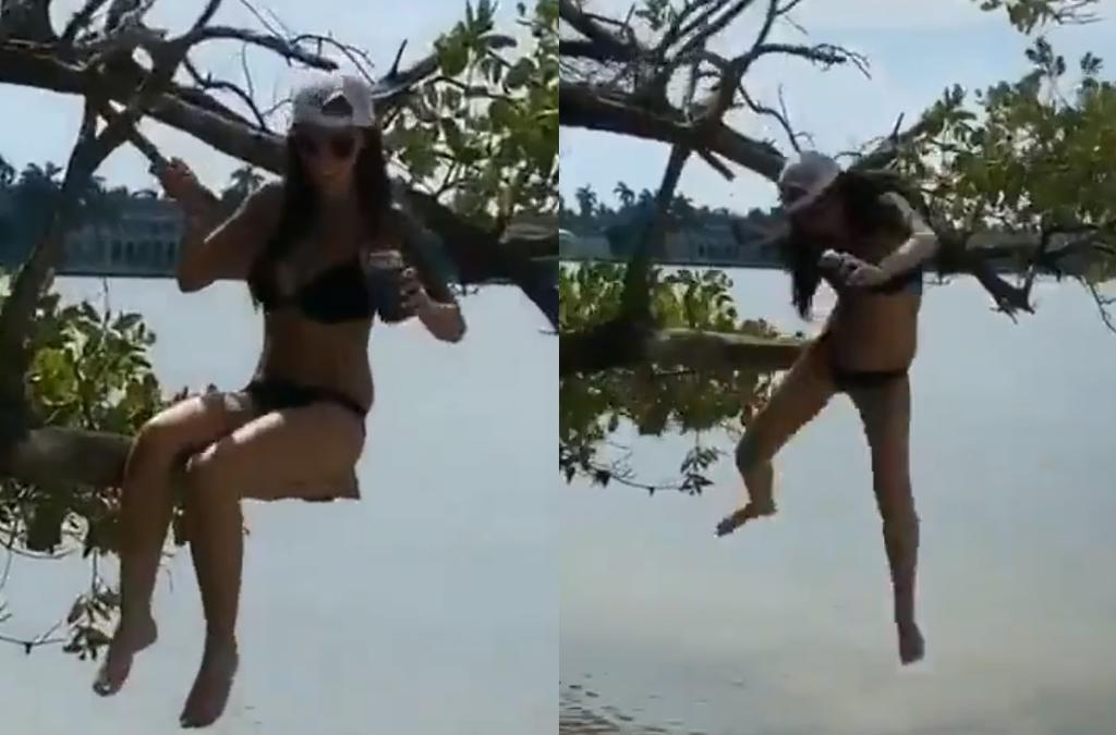 VIRAL: Joven en bikini sufre accidente al caer de un árbol