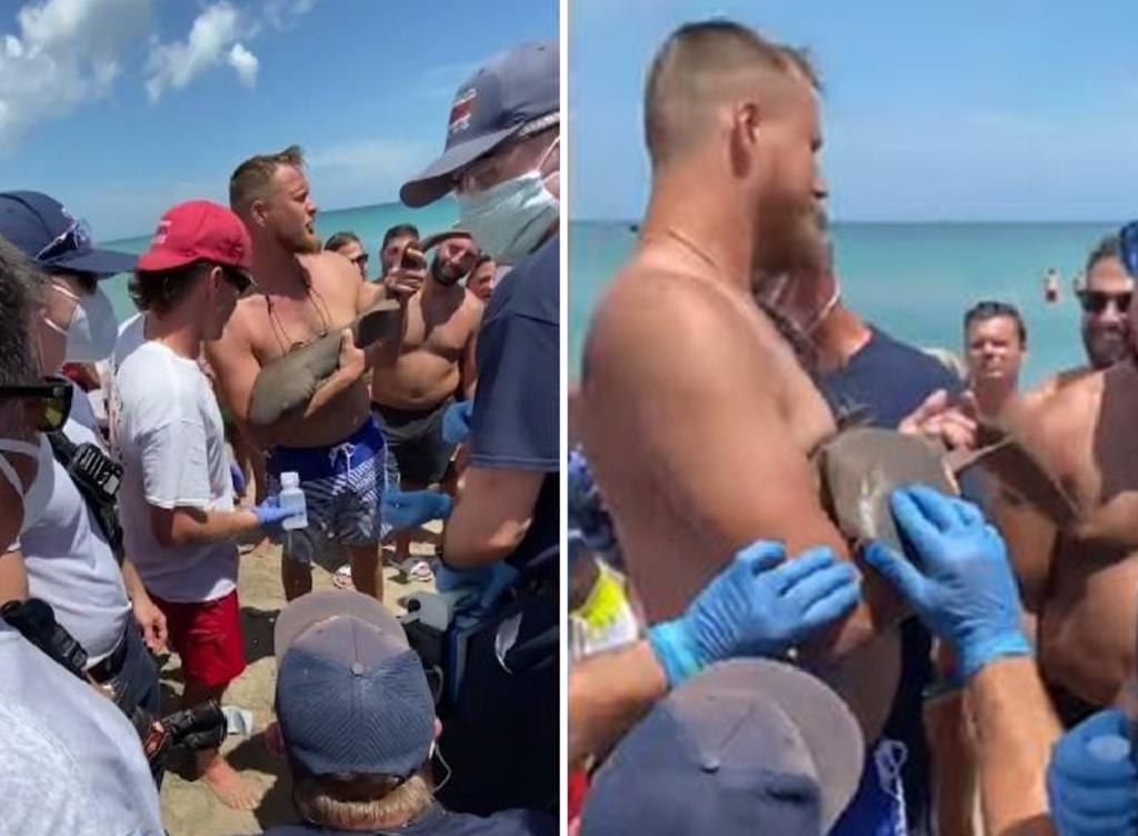 Tiburón se afianza al brazo de un hombre en Florida