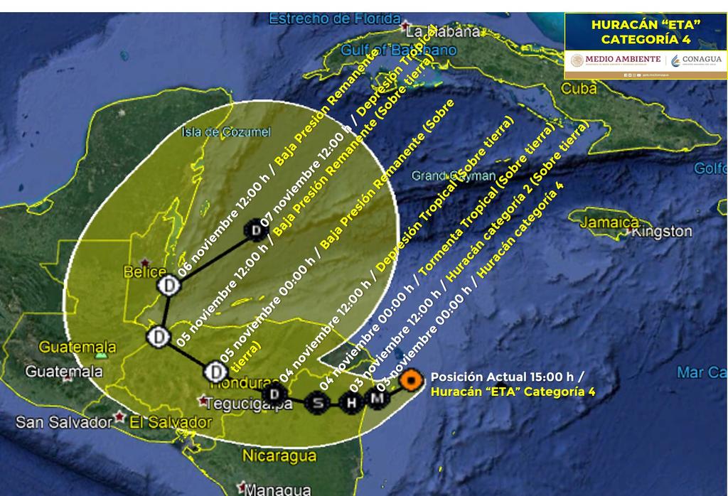 Se refuerza huracán 'Eta' a categoría 4 con dirección a Nicaragua