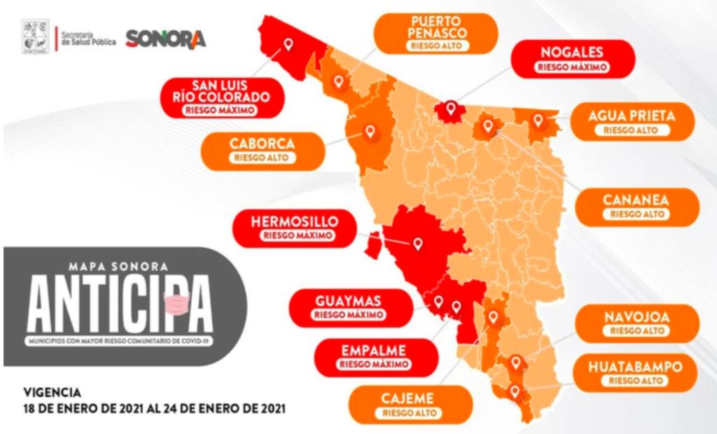 Cinco municipios en Sonora reportan riesgo máximo de COVID