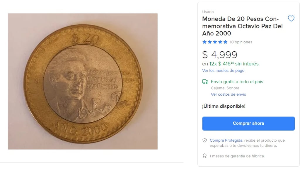 Venden moneda de 20 pesos conmemorativa a Octavio Paz en 5 mil pesos