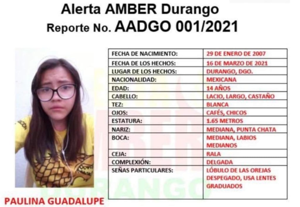 Activan Alerta Amber por desaparición de menor en Durango