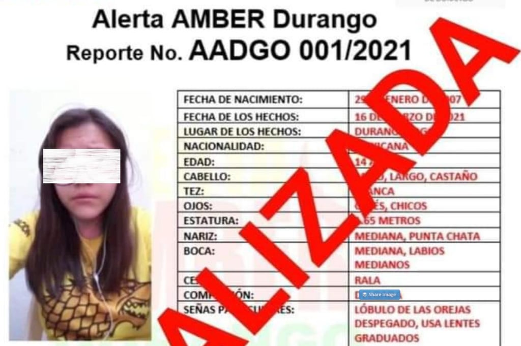 Localizan a menor desaparecida en Durango; desactivan Alerta Amber
