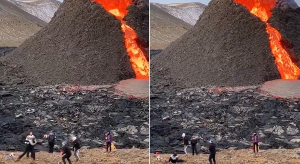 Personas juegan voleibol en frente de un volcán en erupción en Islandia