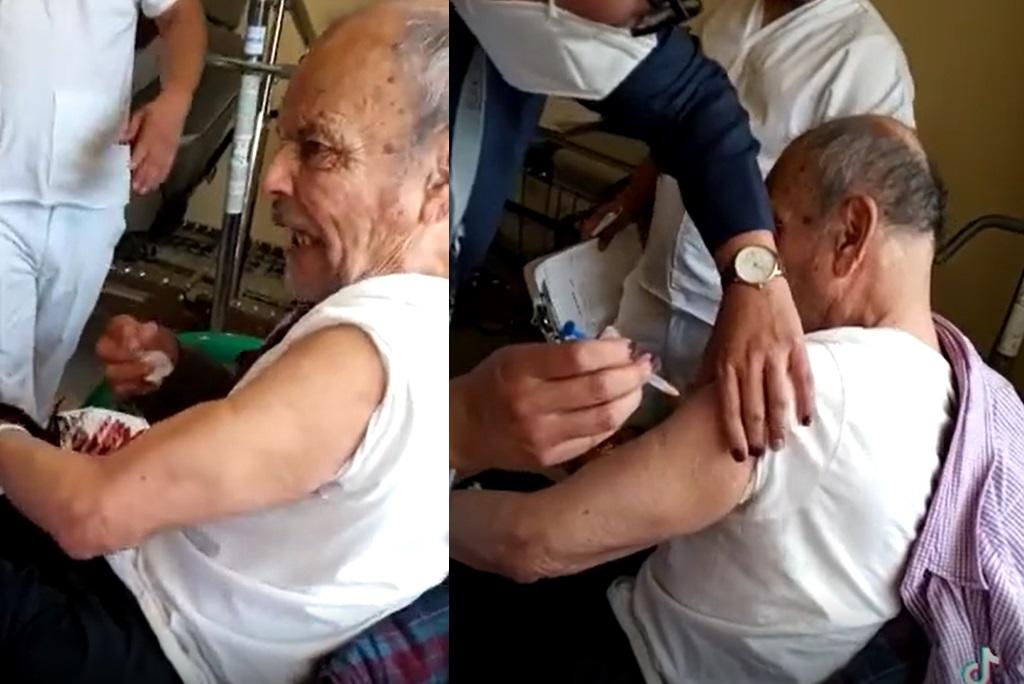 'Pícale y no estés chin...'; abuelito se vuelve viral por enojarse al recibir su vacuna