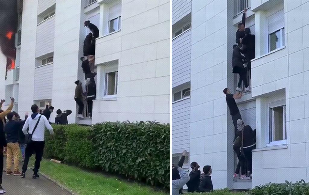 Jóvenes forman una escalera humana para salvar a familia de un incendio