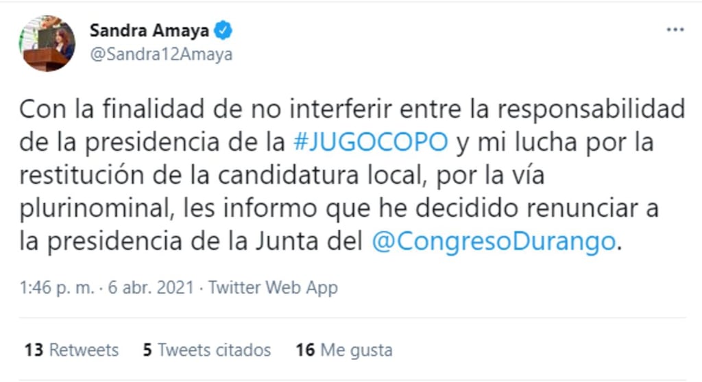 Se retira Sandra Amaya de la presidencia de la Junta de Coordinación Política del Congreso