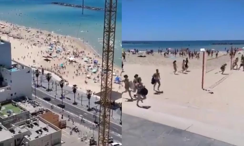 Bañistas huyen de playa en Tel Aviv al escucharse la alarma de ataque aéreo