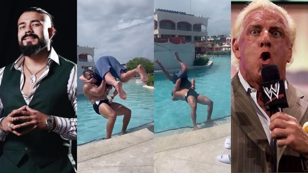 Andrade aplica un suplex a Ric Flair durante sus vacaciones en México
