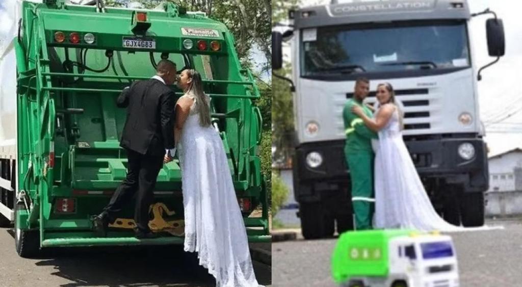 Pareja se vuelve viral por tomar fotografías de su boda en un camión de basura