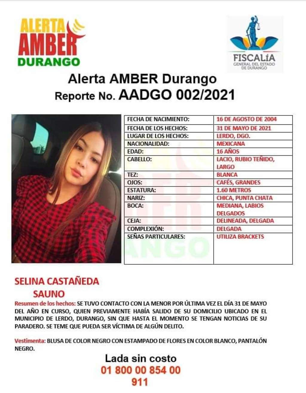 Solicitan ayuda para localizar a menor de edad desaparecida en Gómez Palacio