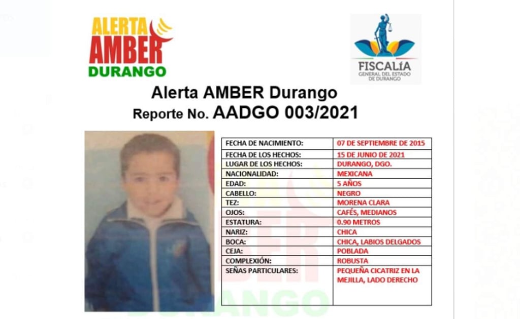 Activan Alerta Amber por menor desaparecido en Durango