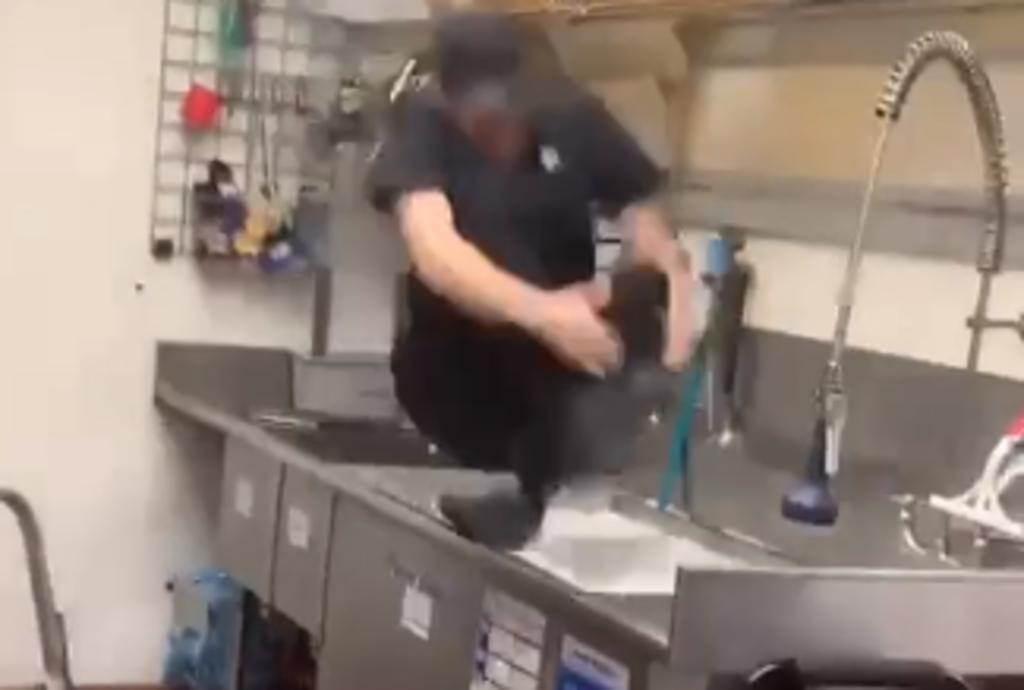 Empleado de restaurante salta al fregadero para celebrar su último día de trabajo