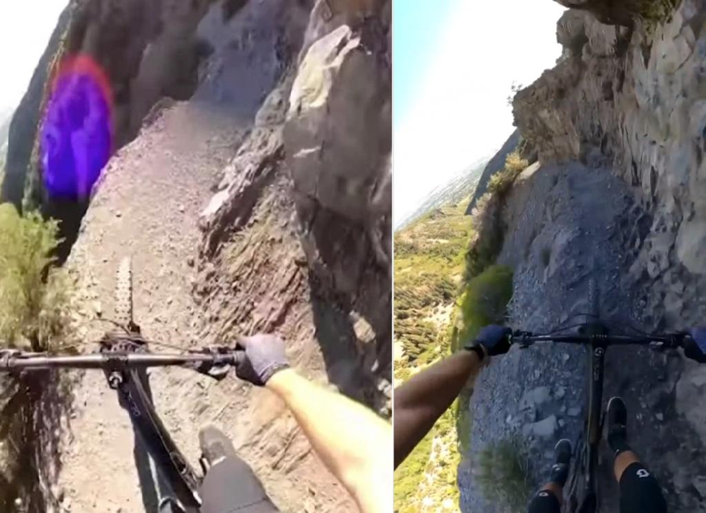 Ciclista graba su descenso por un acantilado en un camino peligrosamente estrecho