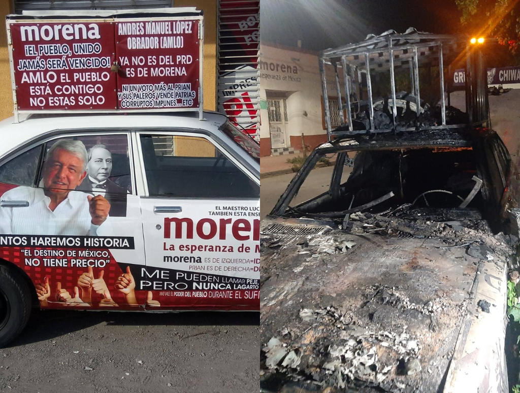 Datsun 'viral' tapizado de mensajes de AMLO es quemado en Lerdo