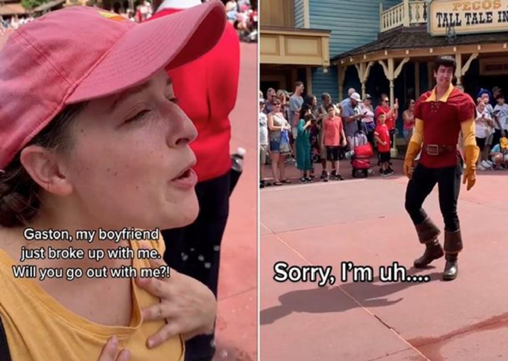Mujer se le declara a ‘Gastón’ en Disney World y el personaje la rechaza