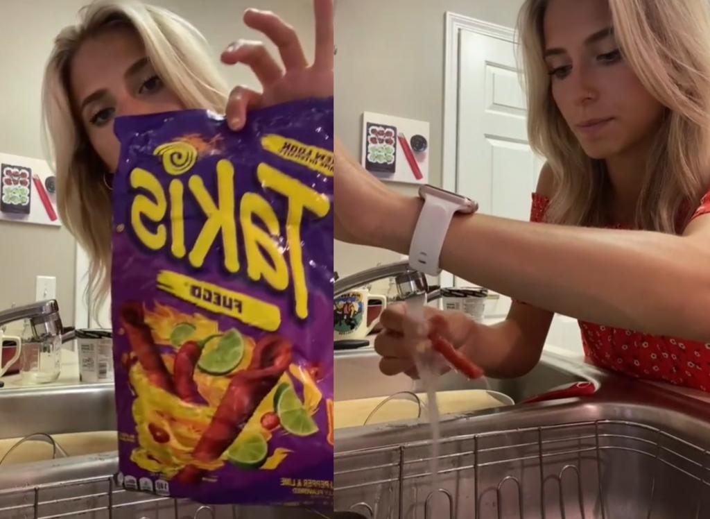 VIRAL: 'Tiktoker' le quita el 'chilito' a los Takis con agua y la red la 'tunde'