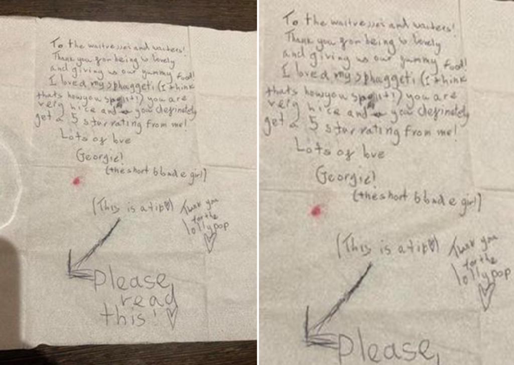 Carta de agradecimiento de una niña a un restaurante sorprende a empleados