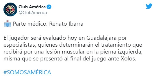 Tras su primer partido de regreso con el América, Renato Ibarra es baja por lesión