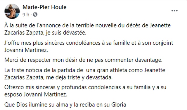 Marie-Pier Houle, rival de Jeanette Zacarías, ofrece sus condolencias tras muerte de la boxeadora