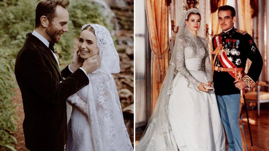¡Cómo de la realeza!; Lily Collins se casa y su vestido hace 'honor' a Grace Kelly