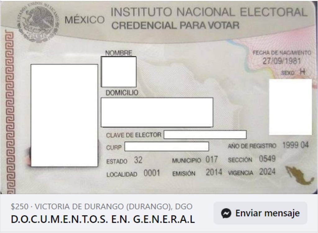 Perfil de Facebook ofrece 'modificación' de documentos oficiales en Durango